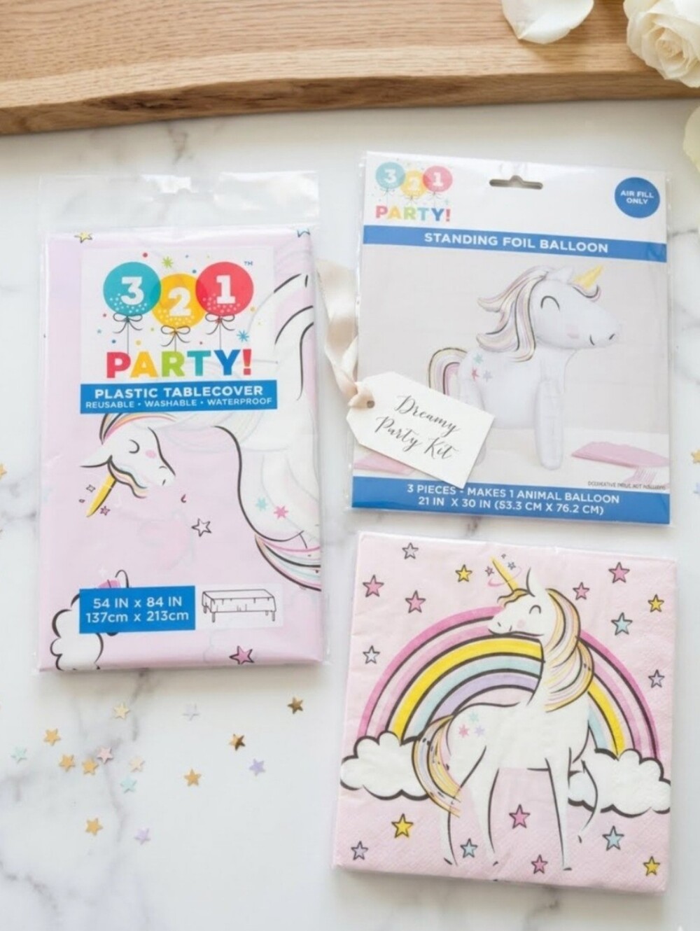 Pink Unicorn Party Kit - Tablecover, Napkins & Foil Balloon